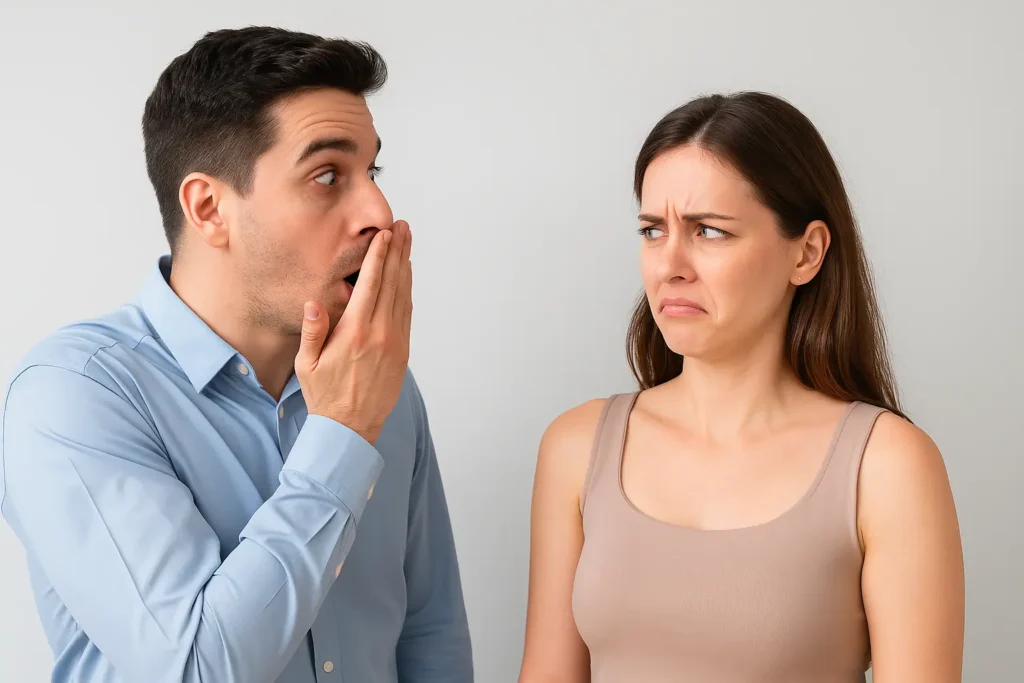 Man covering his mouth due to bad breath while facing a woman looking uncomfortable – representing oral health issues.