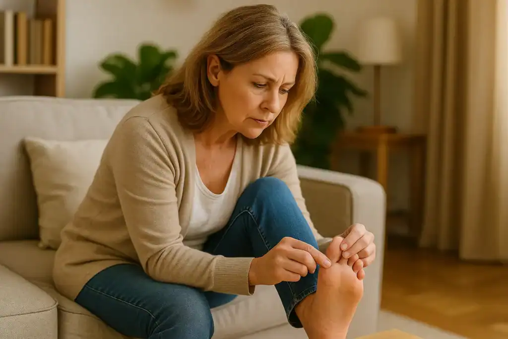 Middle-aged woman examining her toenails after natural fungus supplement treatment at home