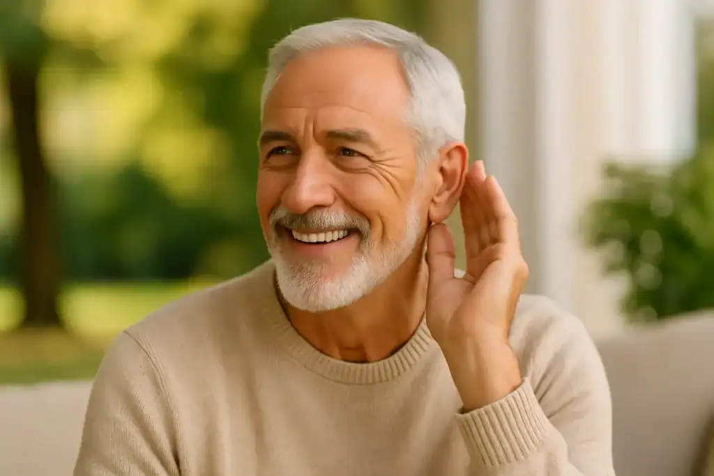 Senior man listening attentively at home, representing improved hearing supported by natural supplements