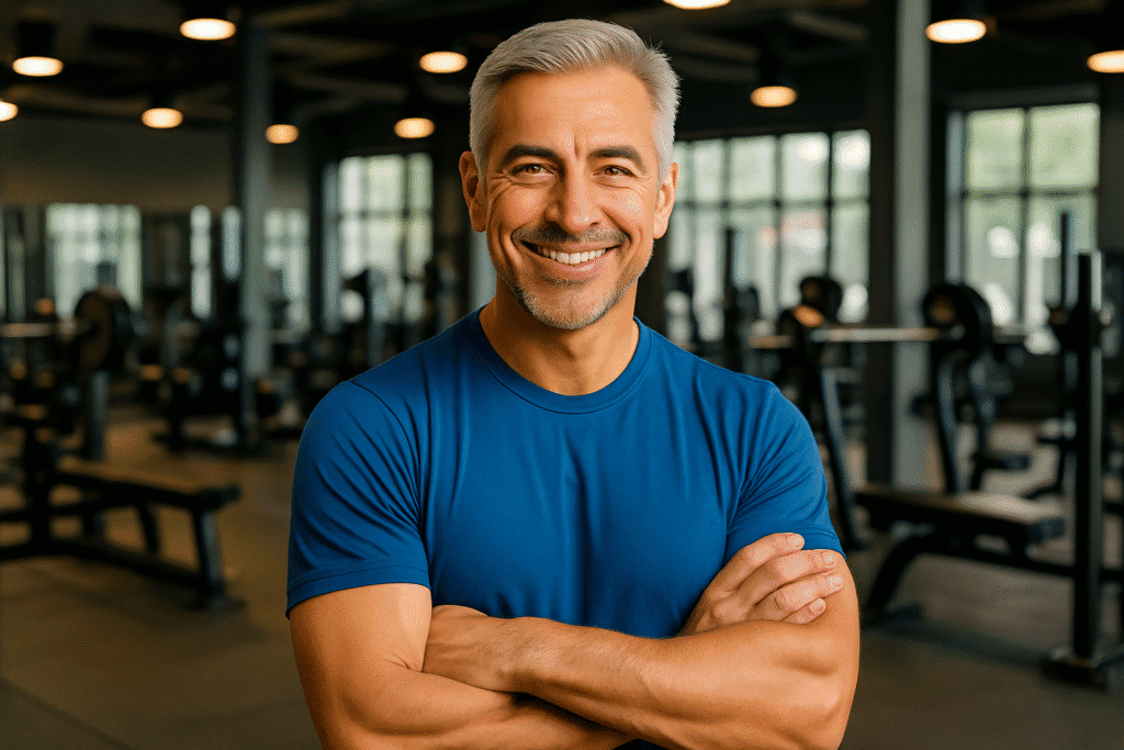 Fit middle-aged man in gym, confident and energized from men's health supplements