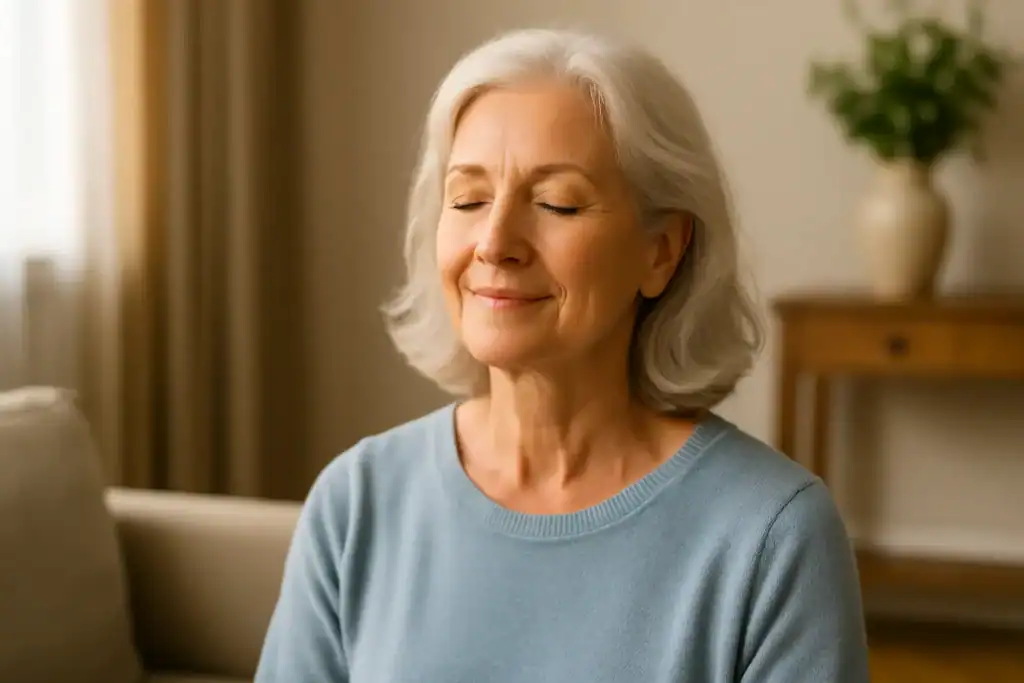 Serene older woman relaxing peacefully at home, reflecting emotional balance supported by mental health supplements
