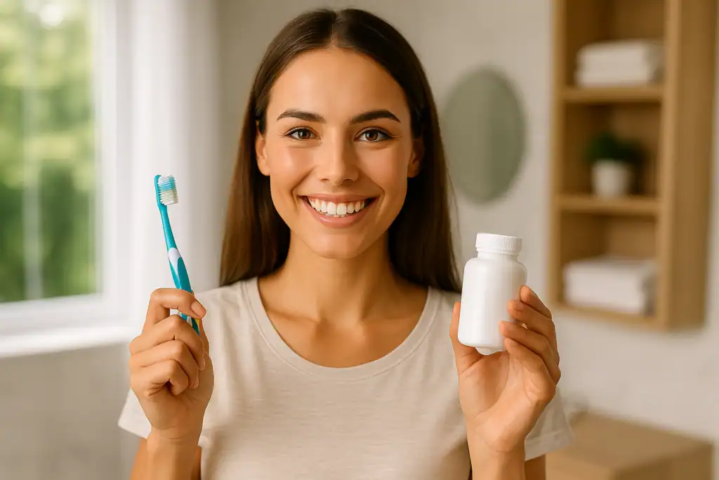 Young woman smiling confidently outdoors, representing improved oral health from natural supplements
