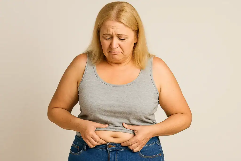 Person pinching belly fat, highlighting concerns with stubborn abdominal fat, liver health, and slow metabolism.