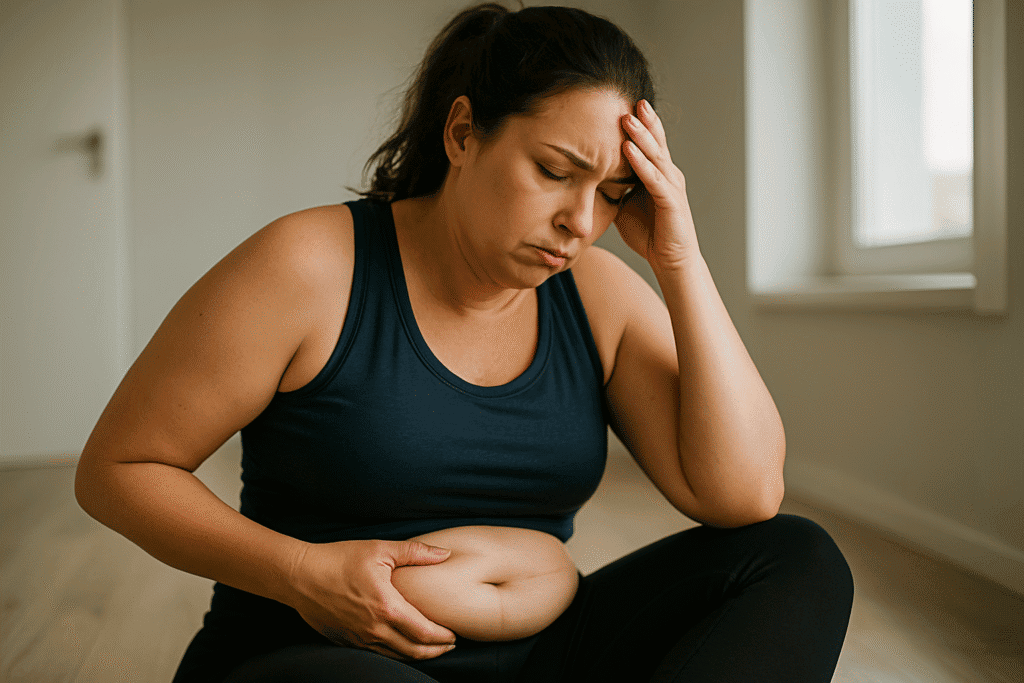 Frustrated woman sitting on a couch, holding her stomach, representing the emotional toll of failed weight loss attempts.