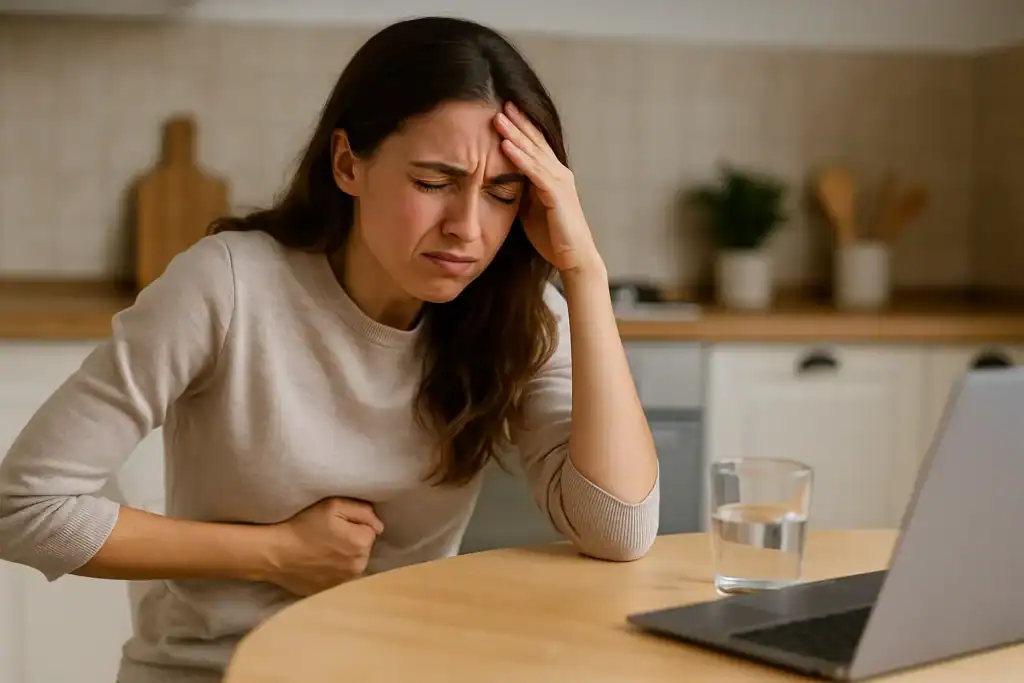 Woman experiencing blood sugar imbalance symptoms like fatigue and stomach discomfort – GlicoNix Review