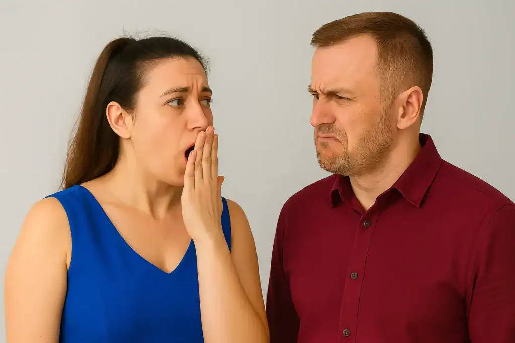 Woman covering mouth due to bad breath as man reacts in discomfort – ProvaDent oral health image