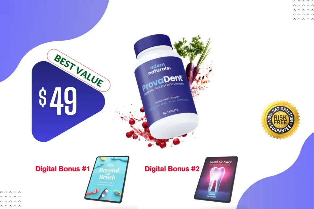 ProvaDent review bottle with $49 offer and 2 digital bonuses – oral probiotic supplement